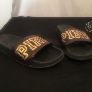 Victorias Secret PINK Beach Slides Single Strap Sandal Flip Flops M Brn/Gold